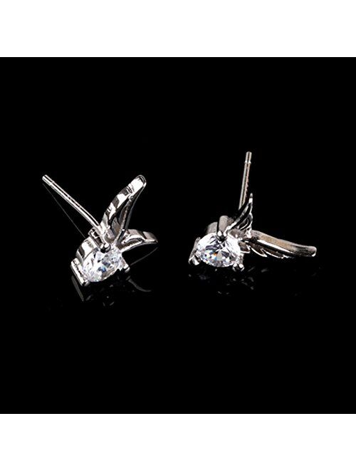 MANDI HOME Shining Angel Wings Shape Crystal Silver Earring Pierced Ear Studs