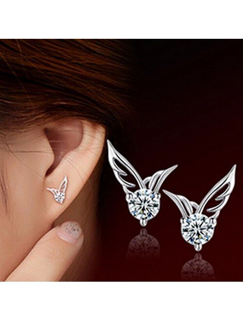 MANDI HOME Shining Angel Wings Shape Crystal Silver Earring Pierced Ear Studs