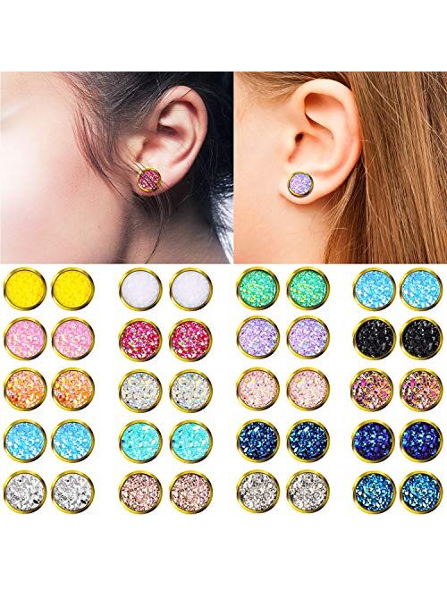 20 Pairs Druzy Stud Earrings Set Stainless Steel Round Earrings Pierced Earrings Jewelry for Women Girls