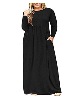 AUSELILY Women's Plus Size Long Sleeve Loose Plain Casual Long Maxi Dresses with Pockets