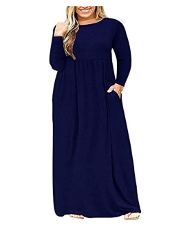 AUSELILY Women's Plus Size Long Sleeve Loose Plain Casual Long Maxi Dresses with Pockets