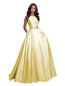 Ufashion Women's Satin Ruched A Line Prom Dress Beaded Formal Evening Gown with Pockets