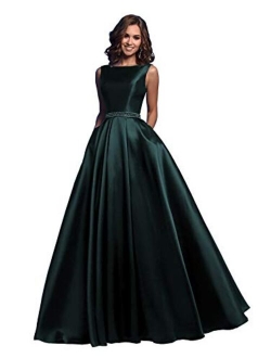 Ufashion Women's Satin Ruched A Line Prom Dress Beaded Formal Evening Gown with Pockets