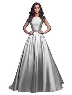 Ufashion Women's Satin Ruched A Line Prom Dress Beaded Formal Evening Gown with Pockets