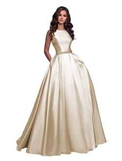 Ufashion Women's Satin Ruched A Line Prom Dress Beaded Formal Evening Gown with Pockets
