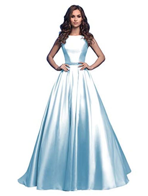 Ufashion Women's Satin Ruched A Line Prom Dress Beaded Formal Evening Gown with Pockets