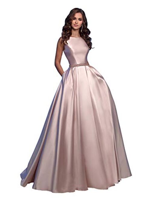 Ufashion Women's Satin Ruched A Line Prom Dress Beaded Formal Evening Gown with Pockets