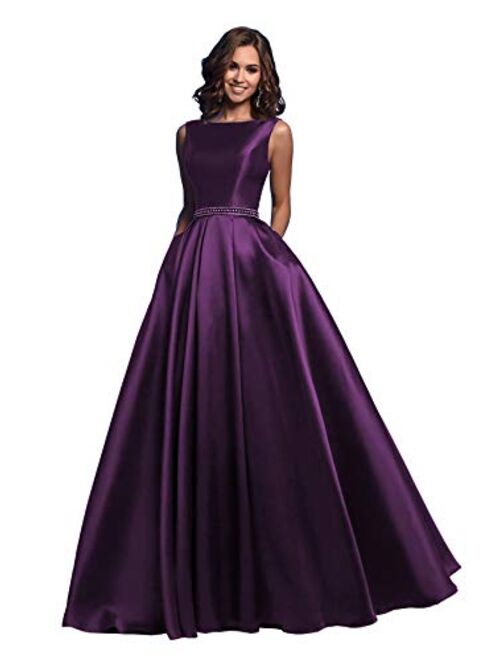 Ufashion Women's Satin Ruched A Line Prom Dress Beaded Formal Evening Gown with Pockets