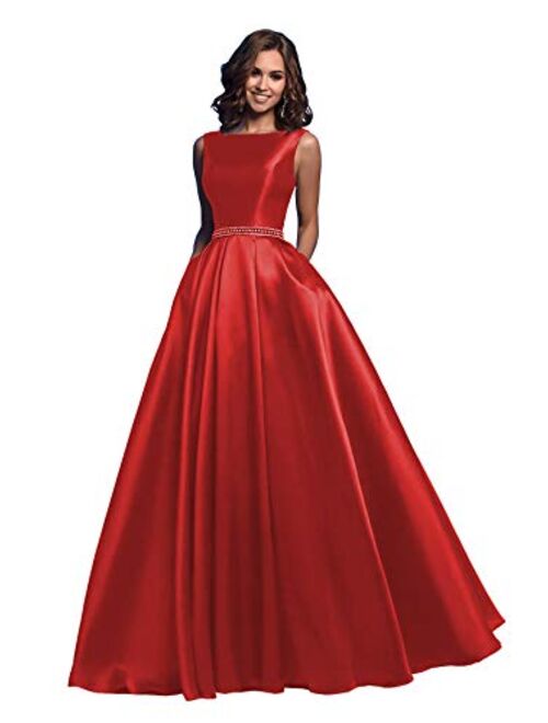 Ufashion Women's Satin Ruched A Line Prom Dress Beaded Formal Evening Gown with Pockets