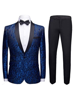 Mens 2 Piece Floral Jacquard Dress Suit Set 1 Button Print Dinner Jacket Pants