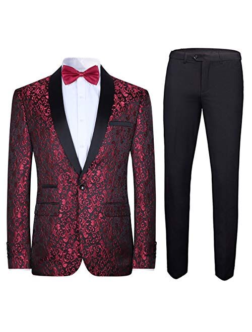 Mens 2 Piece Floral Jacquard Dress Suit Set 1 Button Print Dinner Jacket Pants