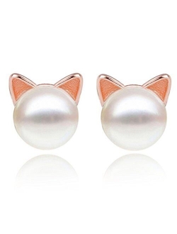 S.Leaf Cat Earrings Pearl Earrings Sterling Silver Studs Earrings for Women