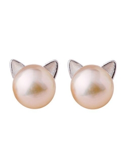 S.Leaf Cat Earrings Pearl Earrings Sterling Silver Studs Earrings for Women