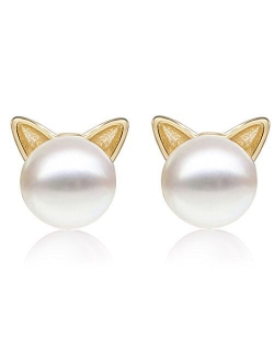 S.Leaf Cat Earrings Pearl Earrings Sterling Silver Studs Earrings for Women