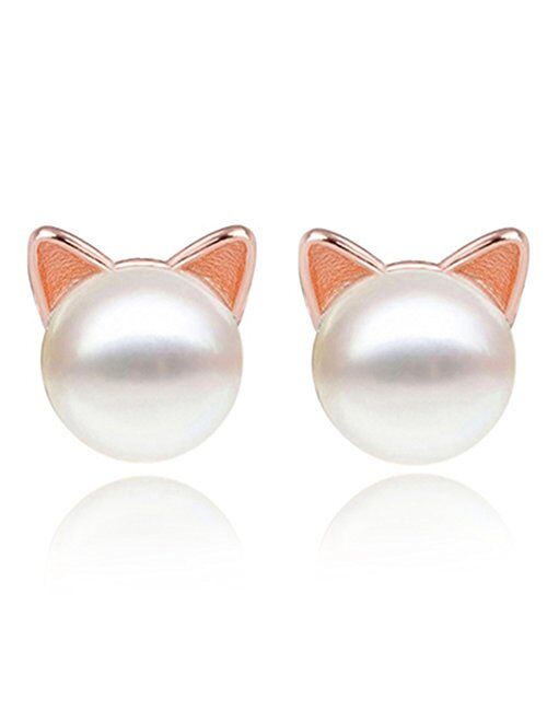 S.Leaf Cat Earrings Pearl Earrings Sterling Silver Studs Earrings for Women