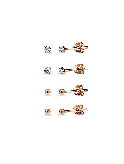 Sterling Silver Small Round CZ Stud & Ball Bead Stud Earrings Set Combos, Choice of Set and Metal