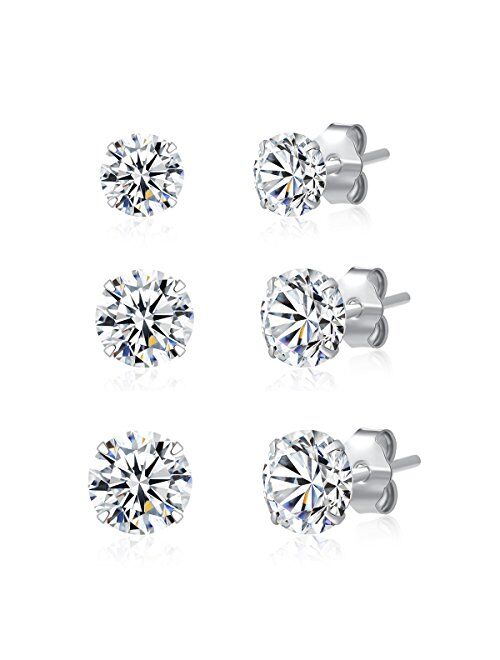 3 Pairs 925 Sterling Silver Cubic Zirconia Stud Earrings Set Men Women