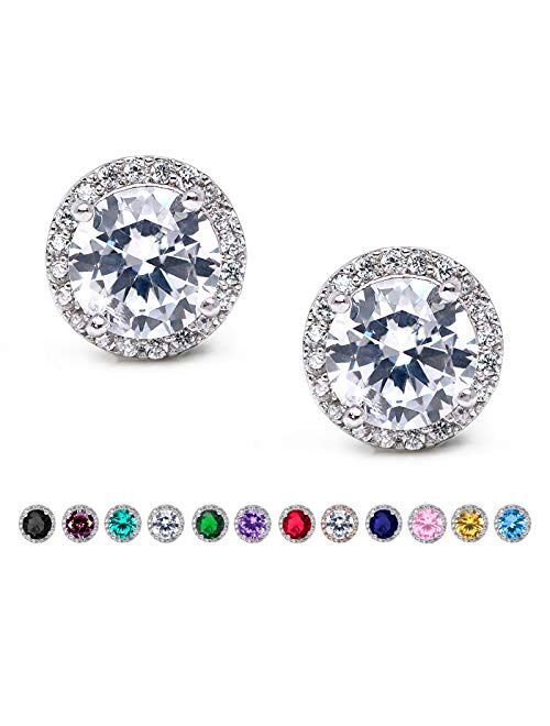 SWEETV Cubic Zirconia Stud Earrings, 8mm Round Cut, Rhinestone Hypoallergenic Earrings for Women & Girls