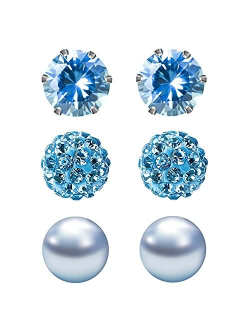 JewelrieShop Birthstone Studs Earring Set Cubic Zirconia Rhinestones Crystal Ball Faux Pearl Stainless Steel Stud Earrings for Women Girl Jewelry Gift (6mm Round,3 Pairs)