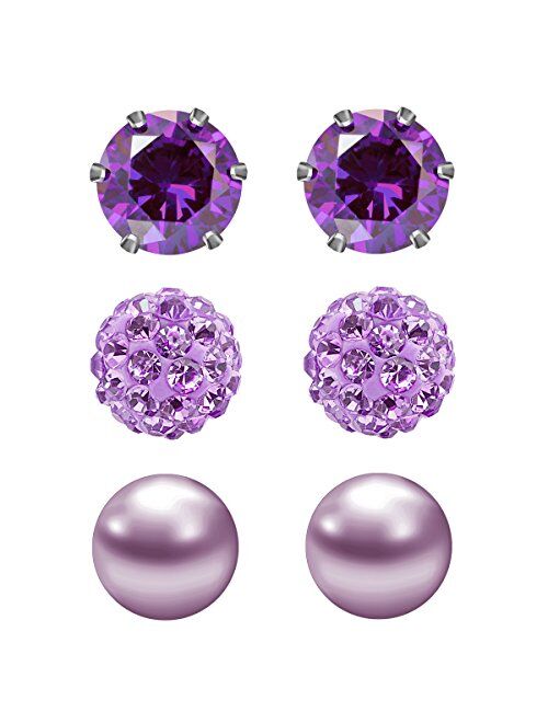 JewelrieShop Birthstone Studs Earring Set Cubic Zirconia Rhinestones Crystal Ball Faux Pearl Stainless Steel Stud Earrings for Women Girl Jewelry Gift (6mm Round,3 Pairs)