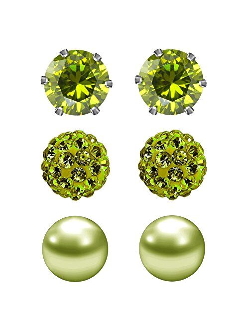 JewelrieShop Birthstone Studs Earring Set Cubic Zirconia Rhinestones Crystal Ball Faux Pearl Stainless Steel Stud Earrings for Women Girl Jewelry Gift (6mm Round,3 Pairs)