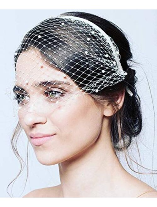 Denifery Birdcage Veil Headband White and Black Lace Pearls Boudoir Veil Bridal Veil Bridesmaid Headband Wedding Accessory