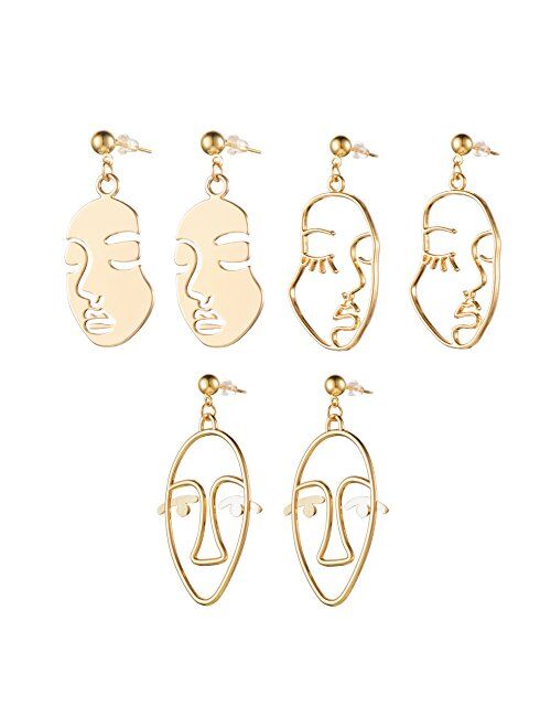 Face Abstract Gold Statement Earrings - Mookoo 3 Pair Vintage Hypoallergenic Dangle Stud for Girls Teens Women