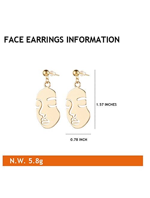 Face Abstract Gold Statement Earrings - Mookoo 3 Pair Vintage Hypoallergenic Dangle Stud for Girls Teens Women