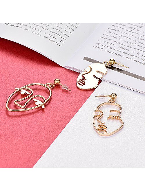 Face Abstract Gold Statement Earrings - Mookoo 3 Pair Vintage Hypoallergenic Dangle Stud for Girls Teens Women