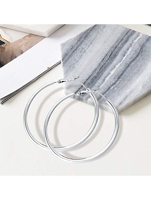 4 Pairs Sterling Silver Hoop Earrings - 14k White Gold Plated Hoop Earrings Big Hoop Earrings Set Silver Hoop Earrings for Women Girls Valentine's Day Gifts (30/40/50/60M