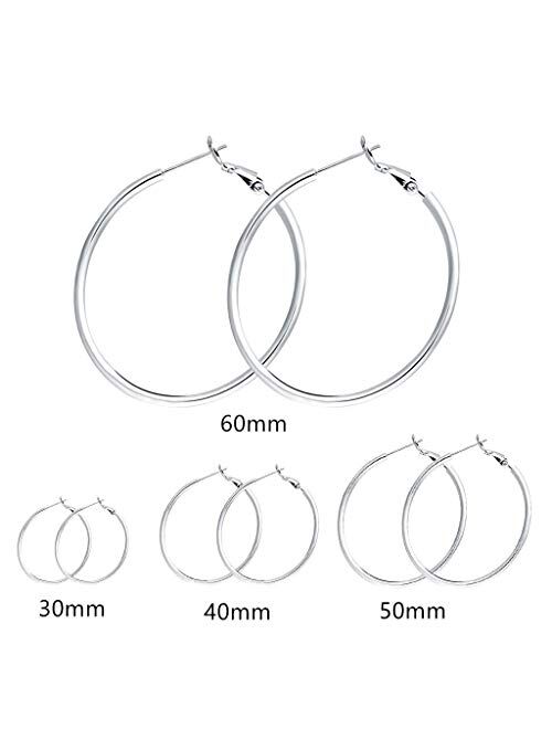 4 Pairs Sterling Silver Hoop Earrings - 14k White Gold Plated Hoop Earrings Big Hoop Earrings Set Silver Hoop Earrings for Women Girls Valentine's Day Gifts (30/40/50/60M