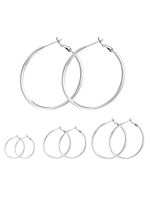 4 Pairs Sterling Silver Hoop Earrings - 14k White Gold Plated Hoop Earrings Big Hoop Earrings Set Silver Hoop Earrings for Women Girls Valentine's Day Gifts (30/40/50/60M