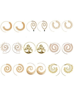 TAMHOO 9 Pairs Gold/Silver Bohemian Vintage Tribal Swirl Spiral Statement Hoop Earrings Set For Women