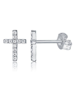 14K Gold Plated Girls Sterling Silver Earrings | Pave CZ Gold Cross Earrings for Women