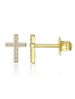 14K Gold Plated Girls Sterling Silver Earrings | Pave CZ Gold Cross Earrings for Women