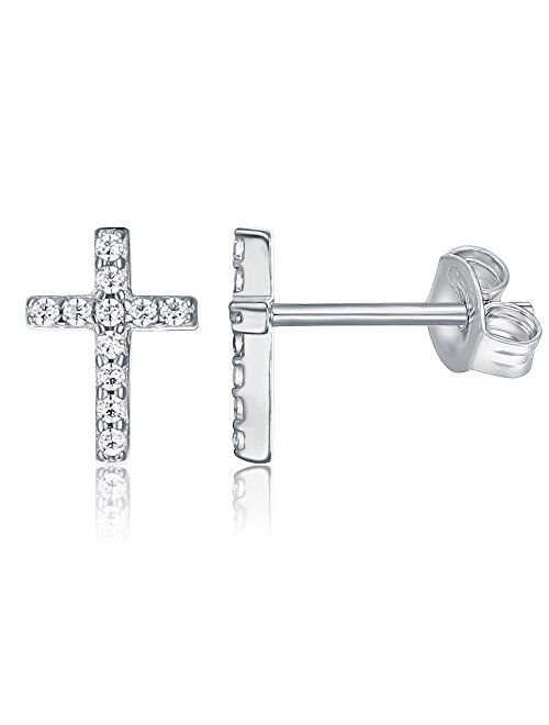 PAVOI 14K Gold Plated Girls Sterling Silver Earrings | Pave CZ Gold Cross Earrings for Women