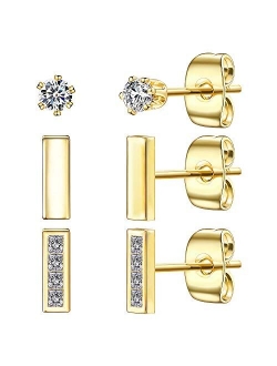 Small Earrings for Women,14K Gold Plated 925 Sterling Silver Bar Earrings CZ Simulated Diamond Sensitive Ears Stud Set Brilliant Cubic Zirconia Inlaid(3 Pairs)