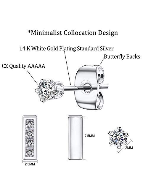 Small Earrings for Women,14K Gold Plated 925 Sterling Silver Bar Earrings CZ Simulated Diamond Sensitive Ears Stud Set Brilliant Cubic Zirconia Inlaid(3 Pairs)