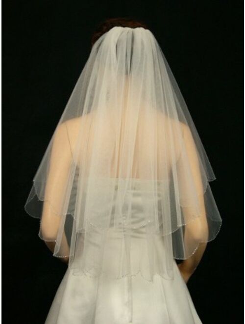 2T 2 Tier Silver AB Beaded Scallop Edge Bridal Wedding Veil Elbow Length 30"