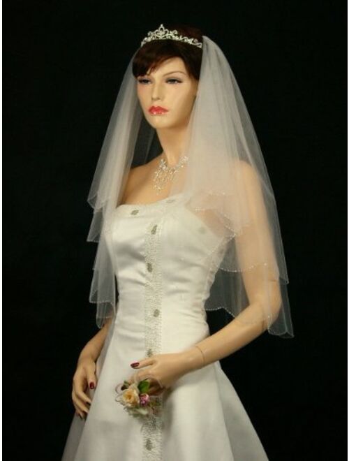 2T 2 Tier Silver AB Beaded Scallop Edge Bridal Wedding Veil Elbow Length 30"