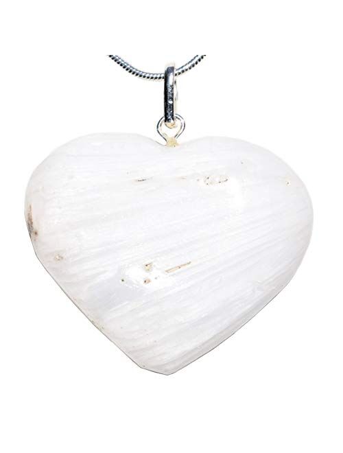 Zenergy Gems Charged Natural Himalayan Gemstone Crystal Puffy Heart Pendant Necklace + 20" Silver Chain + Selenite Charging Heart [Included]