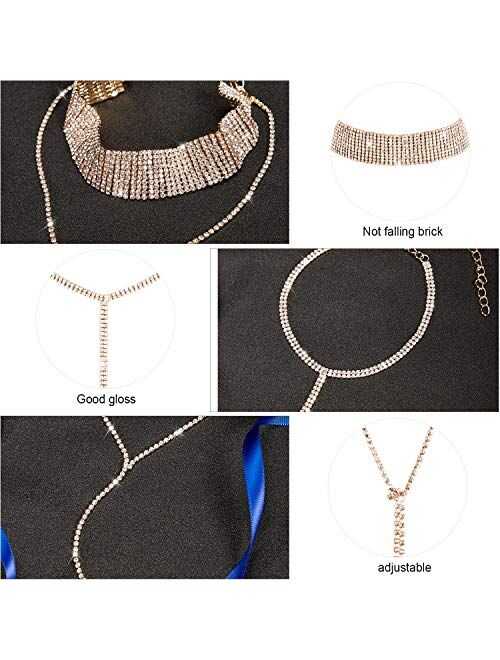 3 Pieces Layered Necklace Layered Choker Necklace Double Rhinestones Crystal Fashion Multilayered Long Choker Necklaces Rhinestone Jewelry Necklace Chains for Women and G