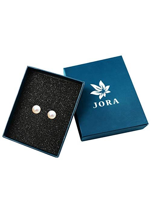 JORA Sterling Silver White Button Freshwater Cultured Pearl Stud Earrings for Women Gift