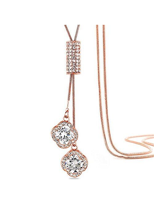 Z-Jeris Women's Crystal Flower Jewelry Tassel Pendant Long Chain Necklace