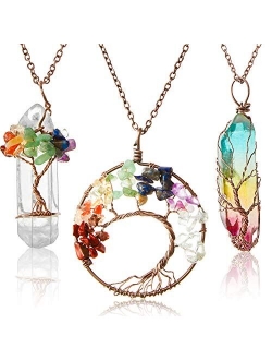 Hicarer 3 Pieces Tree Life Pendant Tree Life Quartz Crystal Pendant Necklace Chakra Gemstone Copper Wire Wrap Necklace