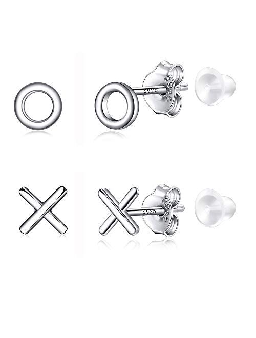 2 Pair Sterling Silver Stud Earrings Cross Circle(XO); Moon Star; Two & Three Bead Ball for Teenager Girls Women Men