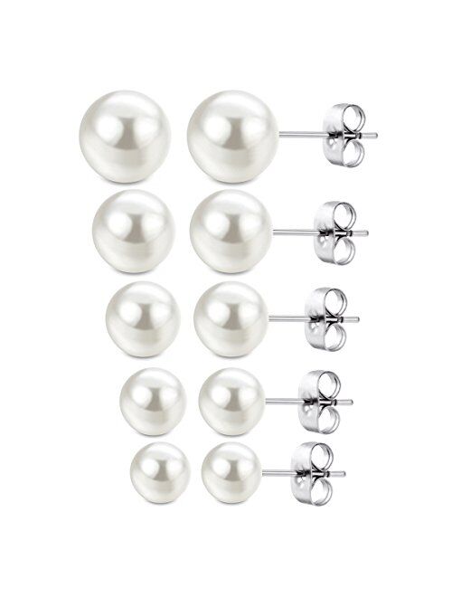 Jewelrieshop Faux Pearl Stud Earrings 5 Pairs, Stainless Steel Hypoallergenic Starter Set for Women Girls