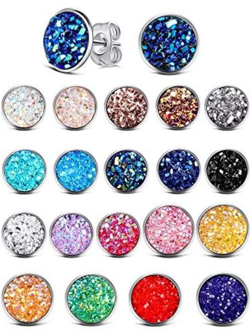 20 Pairs Round Stud Earrings Stainless Steel Druzy Studs Earrings Set Anti-sensitive Fits Women Girls, 8 mm and 12 mm