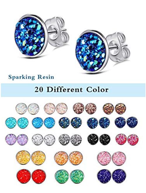 20 Pairs Round Stud Earrings Stainless Steel Druzy Studs Earrings Set Anti-sensitive Fits Women Girls, 8 mm and 12 mm