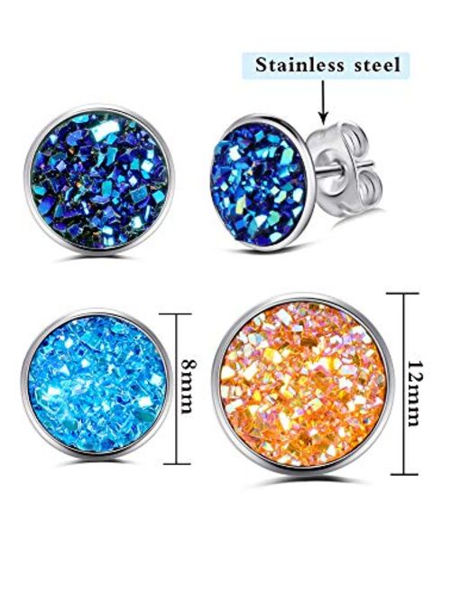 20 Pairs Round Stud Earrings Stainless Steel Druzy Studs Earrings Set Anti-sensitive Fits Women Girls, 8 mm and 12 mm